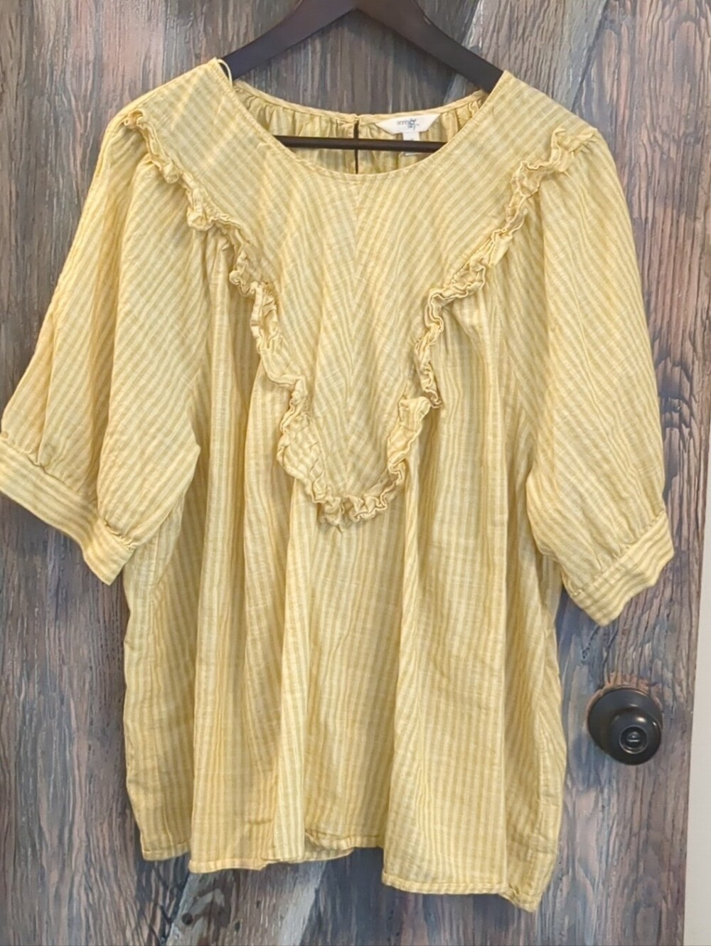 Terra & Sky Pale Yellow Striped Ruffle Yoke Tunic Plus Size 3XL